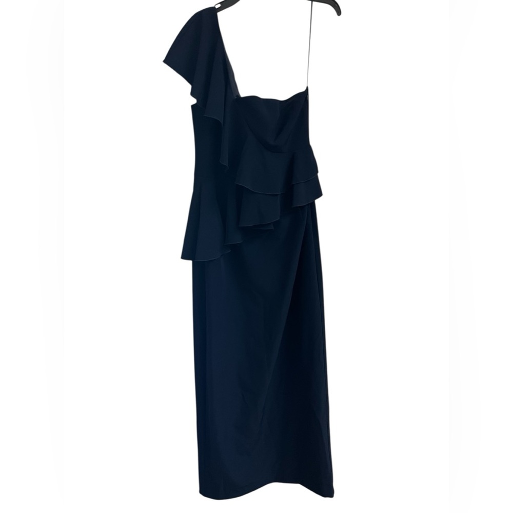 TRINA TURK Indigo Navy Blue One-Shoulder Waterfall Ruffle 12 Gown Special Event - Picture 3 of 13